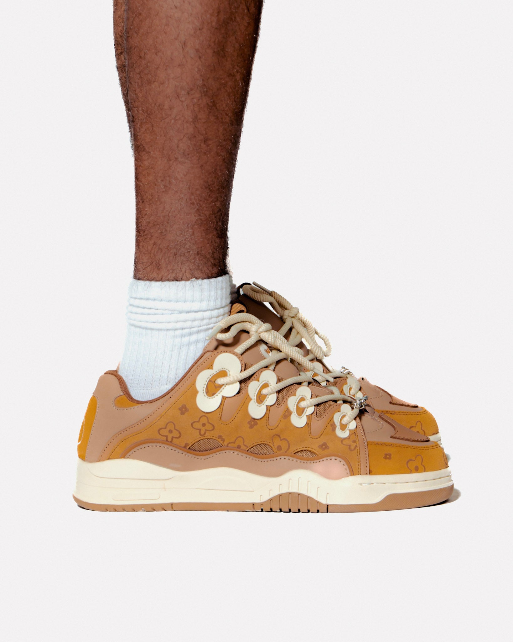 Soft Serve 01 sneaker by WUUSKÎ — Dahlia Brown colorway, styled