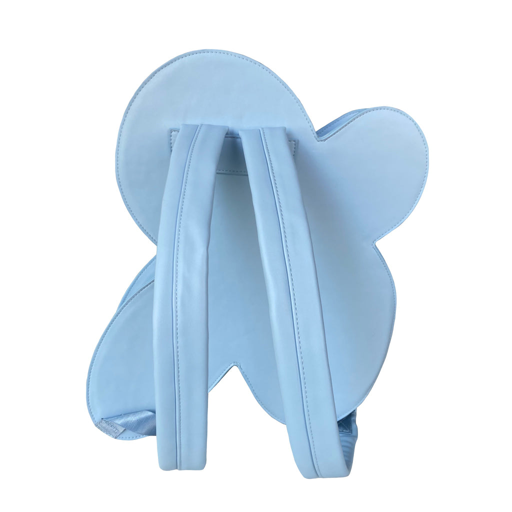 "Rewolf" blue flower backpack by WUUSKÎ — side view, 100% vegan polyurethane