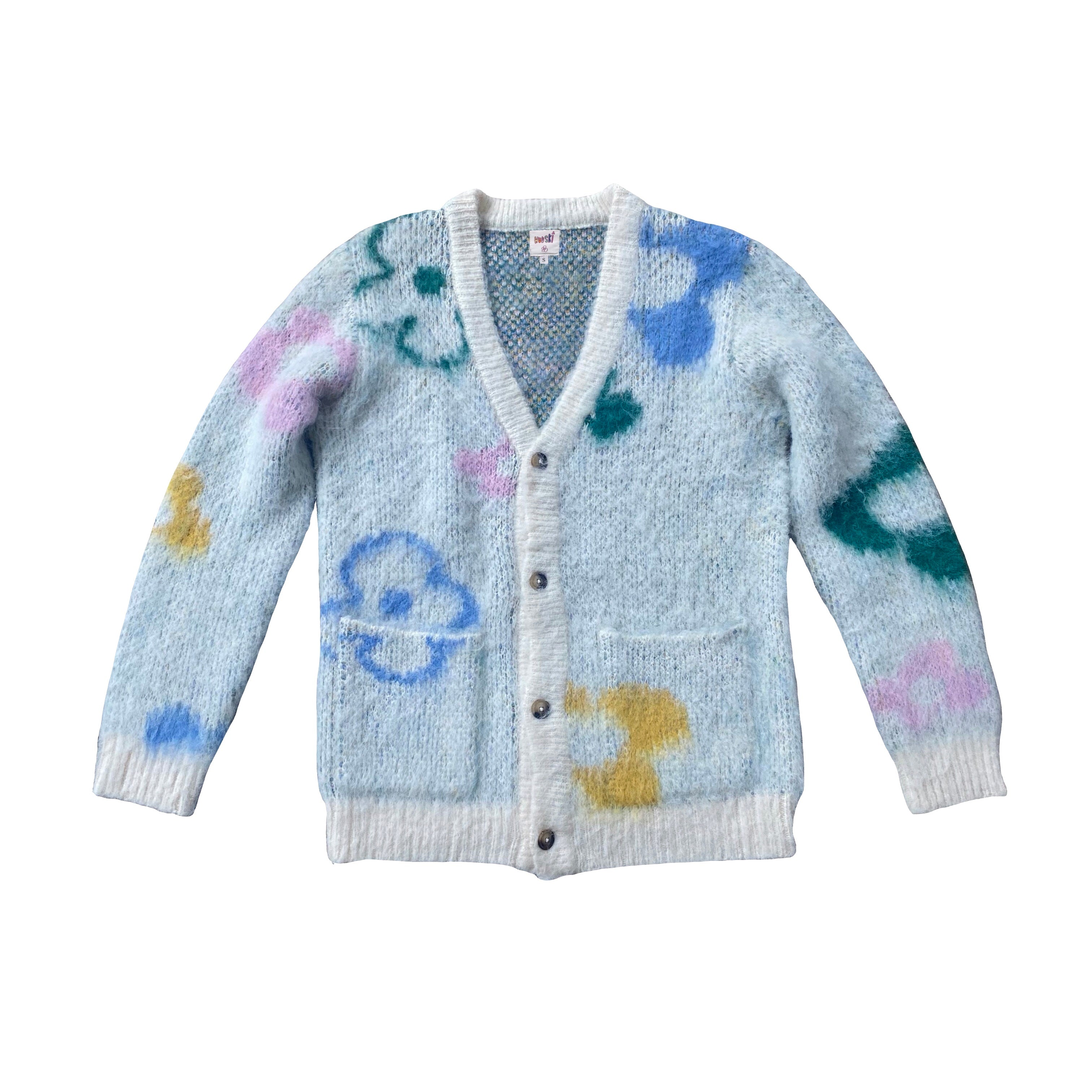 WUUSKÎ "Garden Room" mohair cardigan in multi-color — signature open-front knit