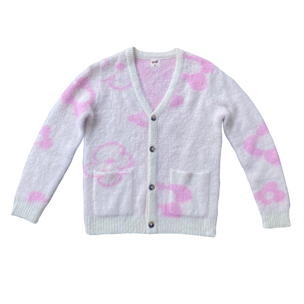 WUUSKÎ "Garden Room" mohair knit cardigan in pink — open-front silhouette, S–XL