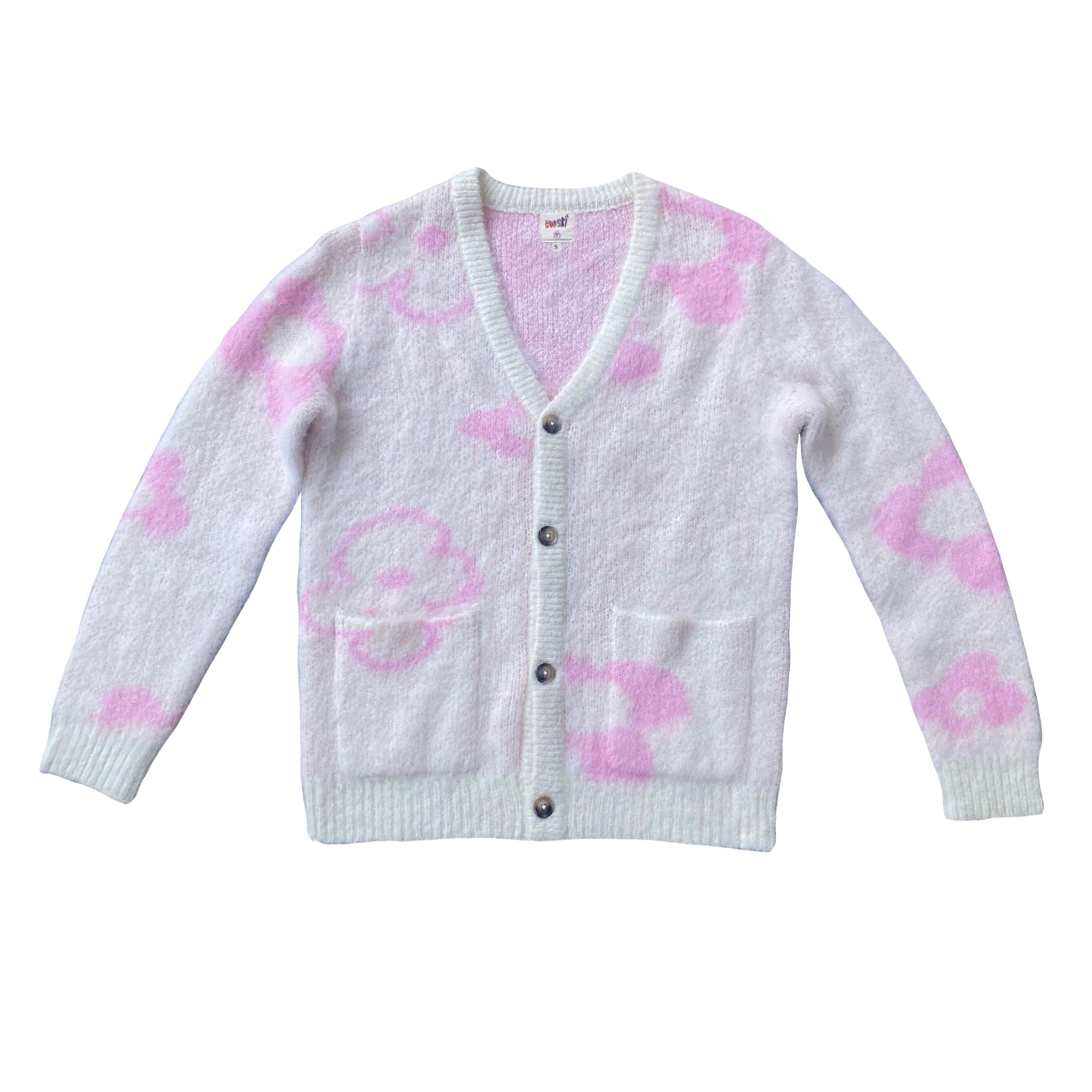 WUUSKÎ "Garden Room" mohair knit cardigan in pink — open-front silhouette, S–XL