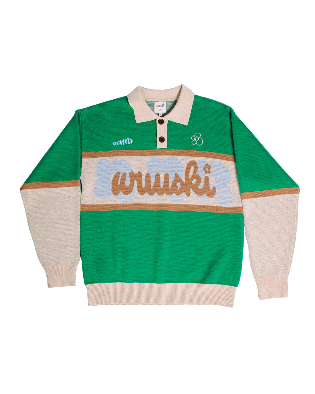 WUUSKÎ "Guns on Christmas" jacquard knit polo — wool/acrylic/viscose blend, oversized