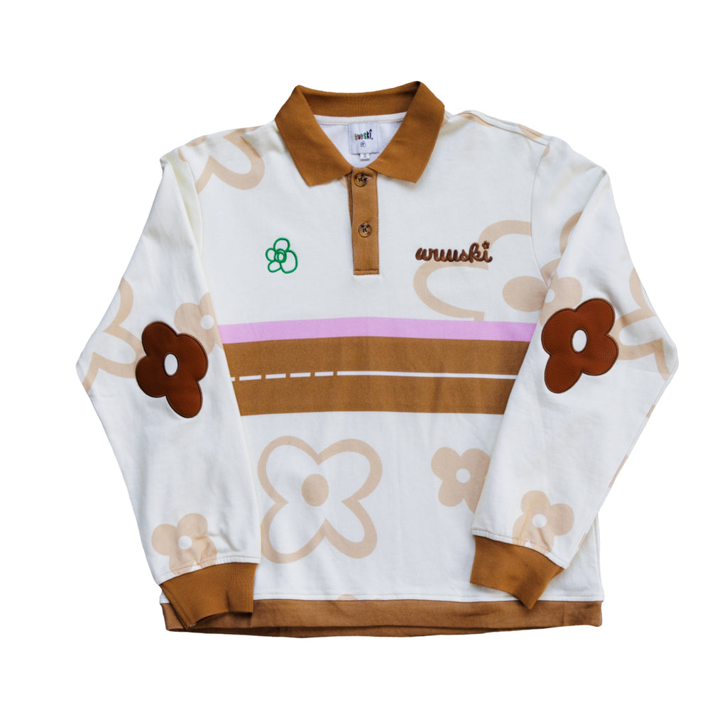 WUUSKÎ "Monteith Drive" long-sleeve rugby polo — cotton with vegan leather elbow patches