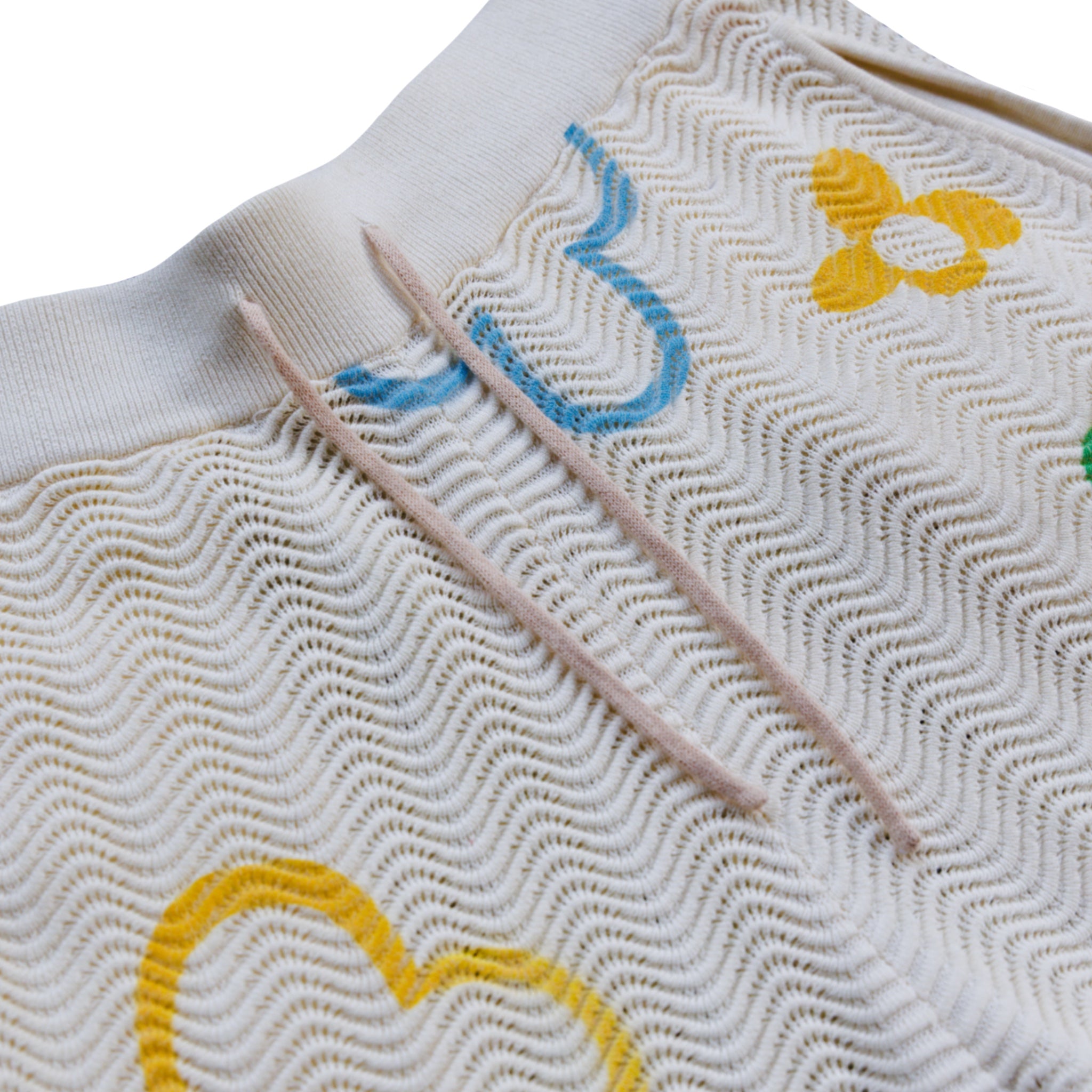 "Misquamicut" crochet knit short by WUUSKÎ — detail, drawstring waistband