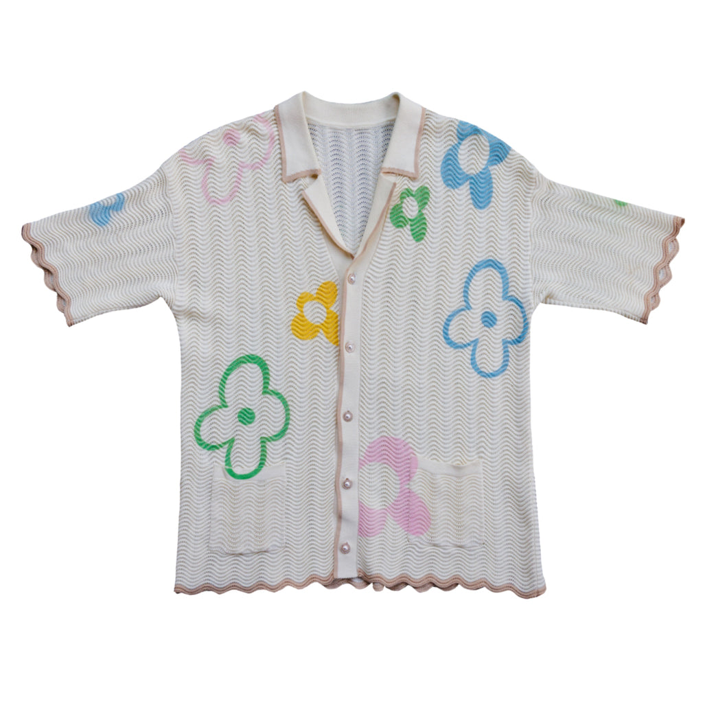 WUUSKÎ "Misquamicut" crochet knit shirt — rhinestone pearl buttons, open breathable fit