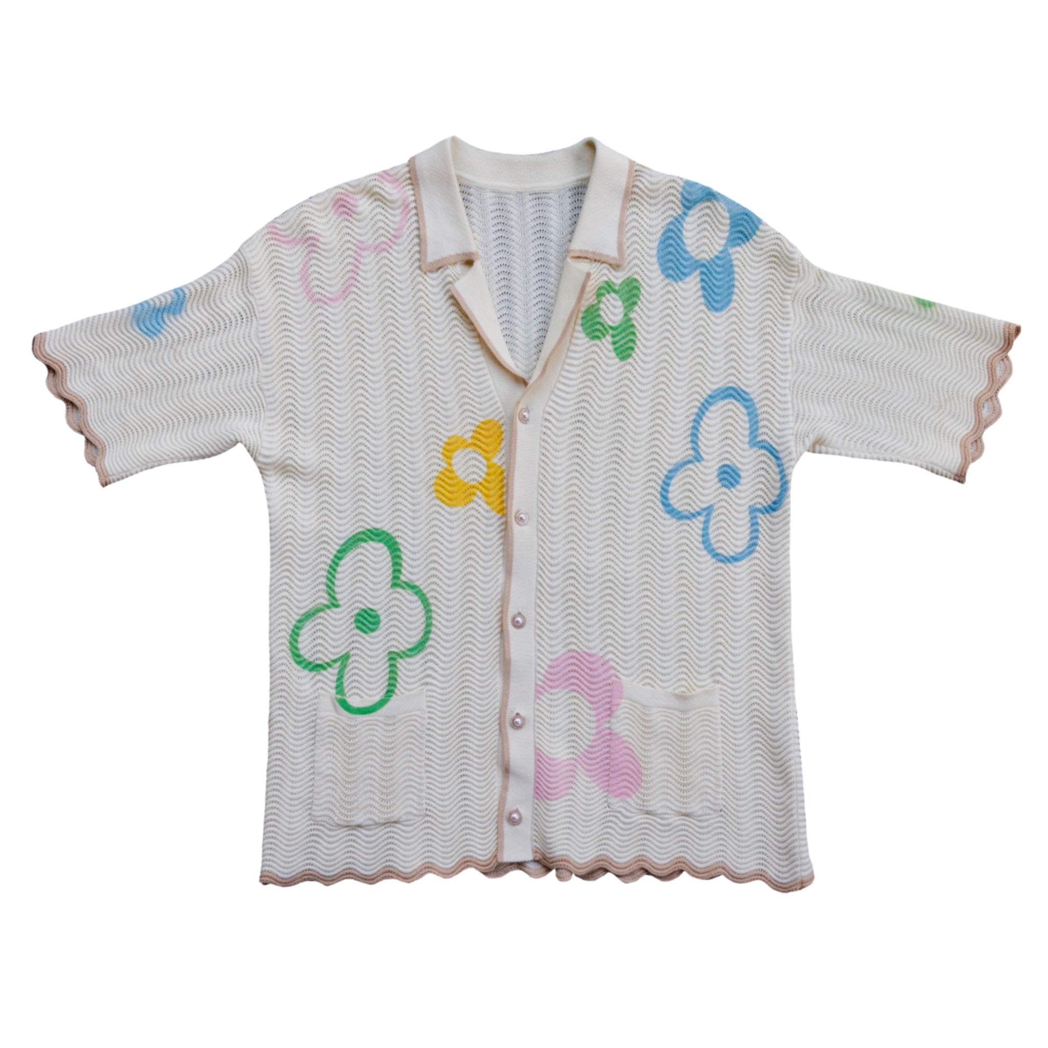 WUUSKÎ "Misquamicut" crochet knit shirt — rhinestone pearl buttons, open breathable fit