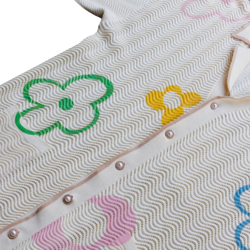 "Misquamicut" crochet knit shirt by WUUSKÎ — rhinestone pearl button detail