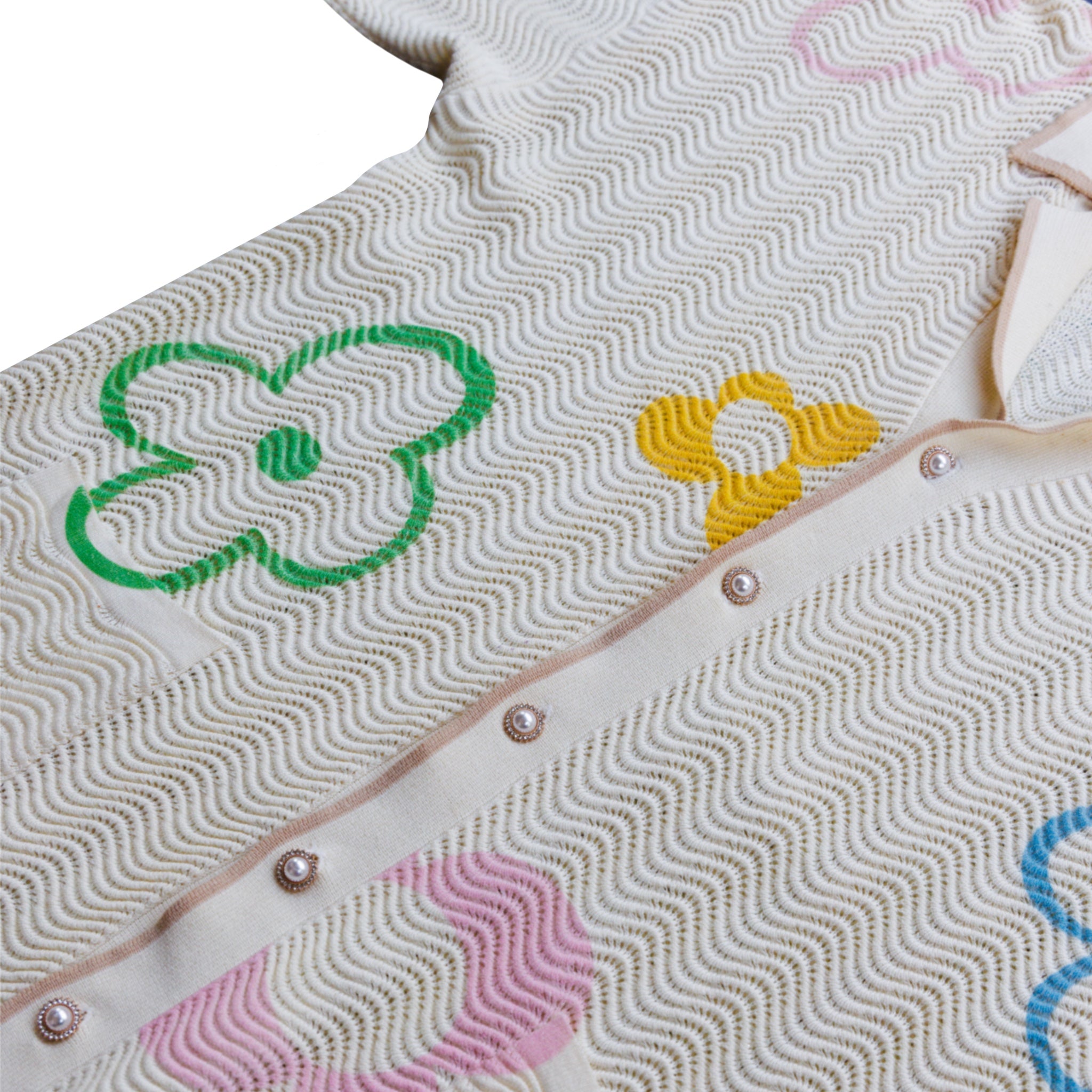 "Misquamicut" crochet knit shirt by WUUSKÎ — rhinestone pearl button detail