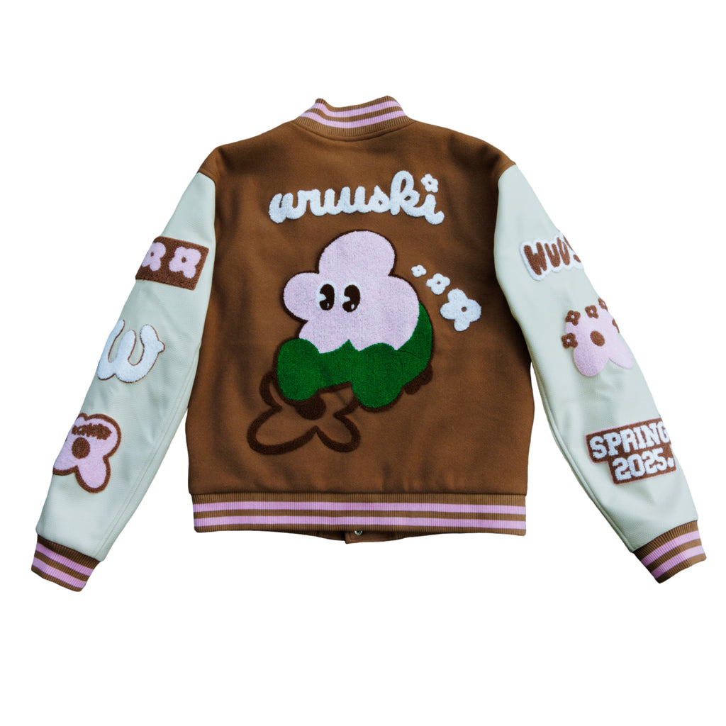 "Wuuskî Unîversity" letterman jacket by WUUSKÎ — back view, rewolf inside lining