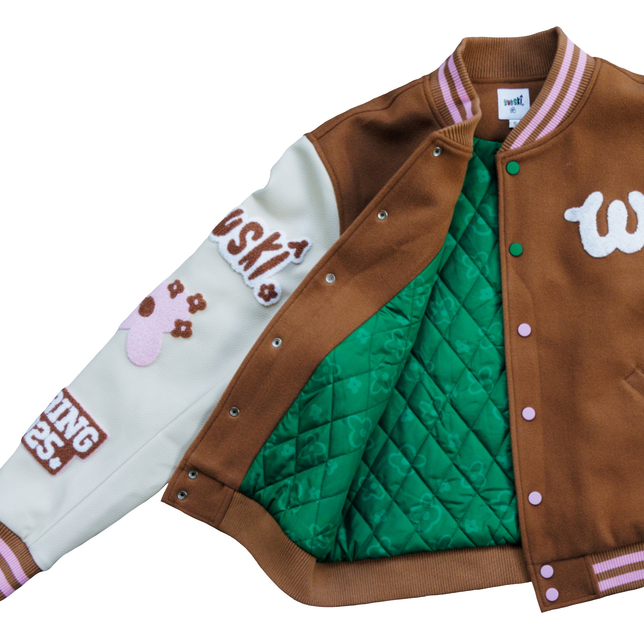 "Wuuskî Unîversity" letterman jacket by WUUSKÎ — embroidered patches detail
