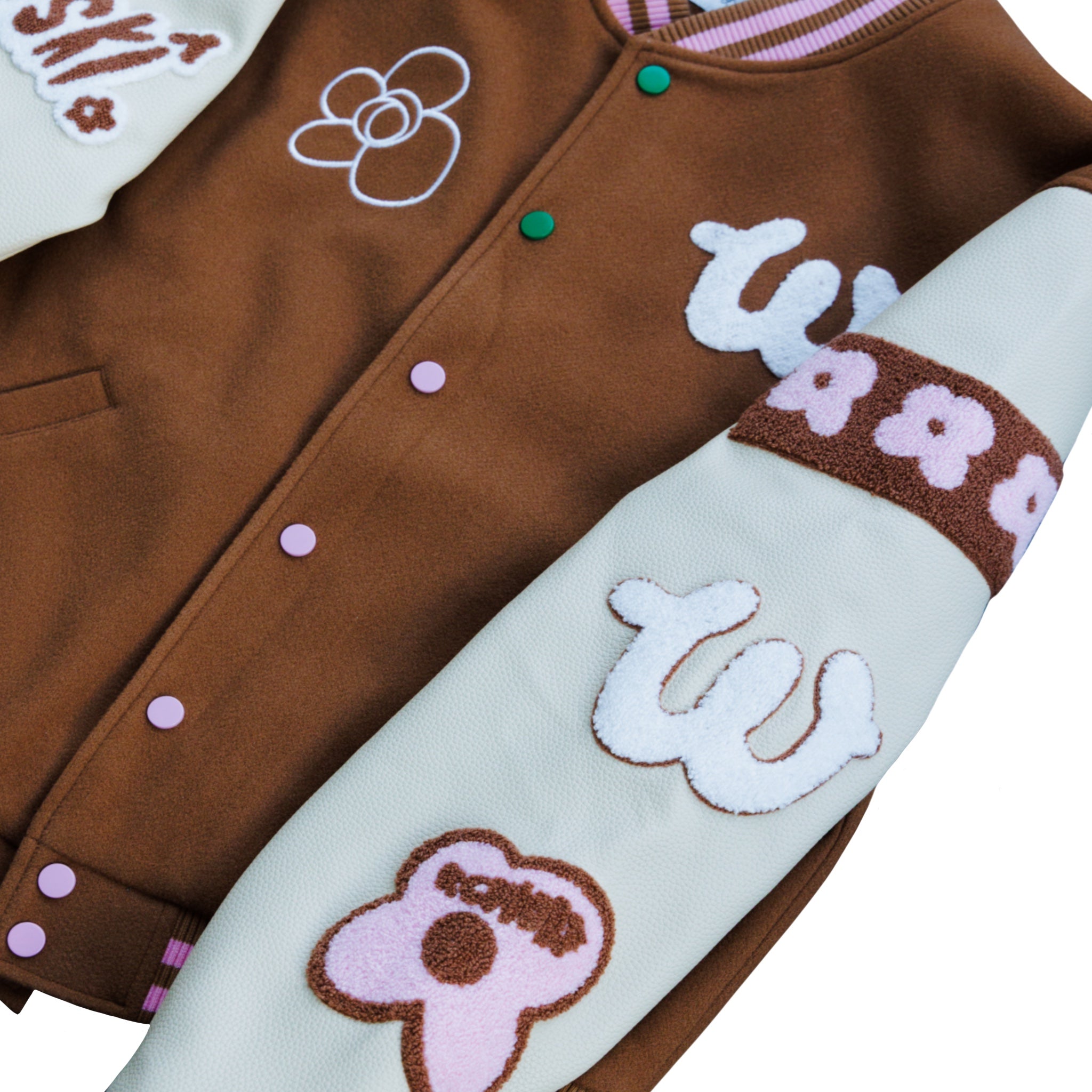 "Wuuskî Unîversity" letterman jacket by WUUSKÎ — model wearing, styled streetwear