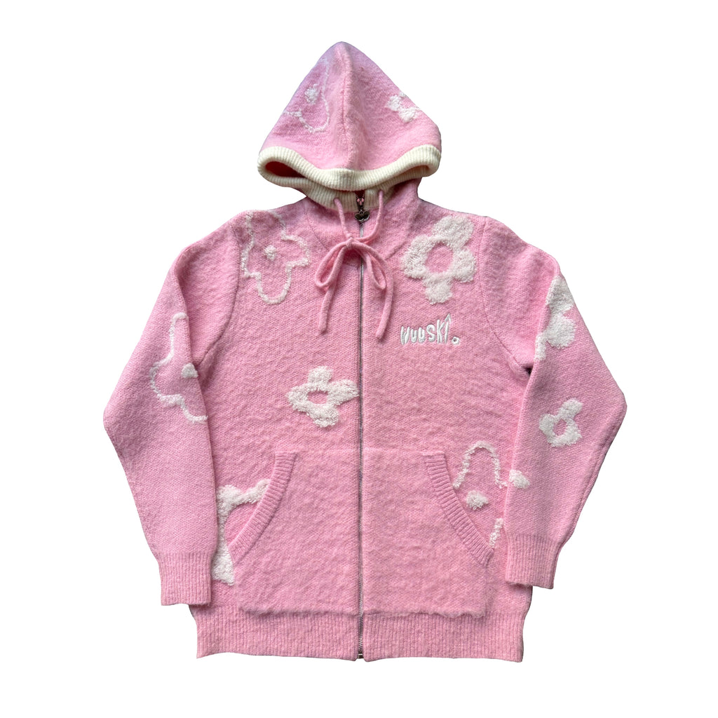 WUUSKÎ "Garden Room" mohair zip hoodie in pink — 100% mohair, flower embroidery