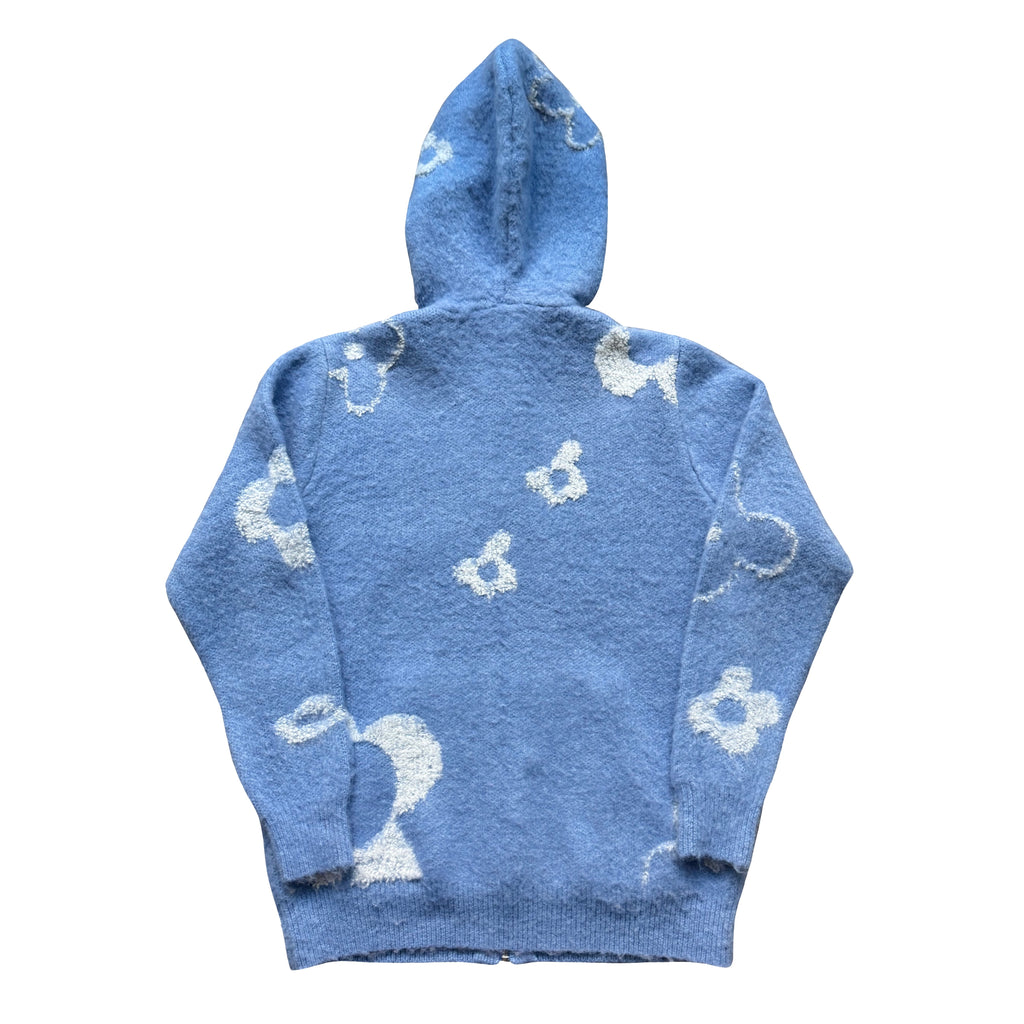 "Garden Room" blue mohair zip hoodie by WUUSKÎ — model wearing, elevated streetwear