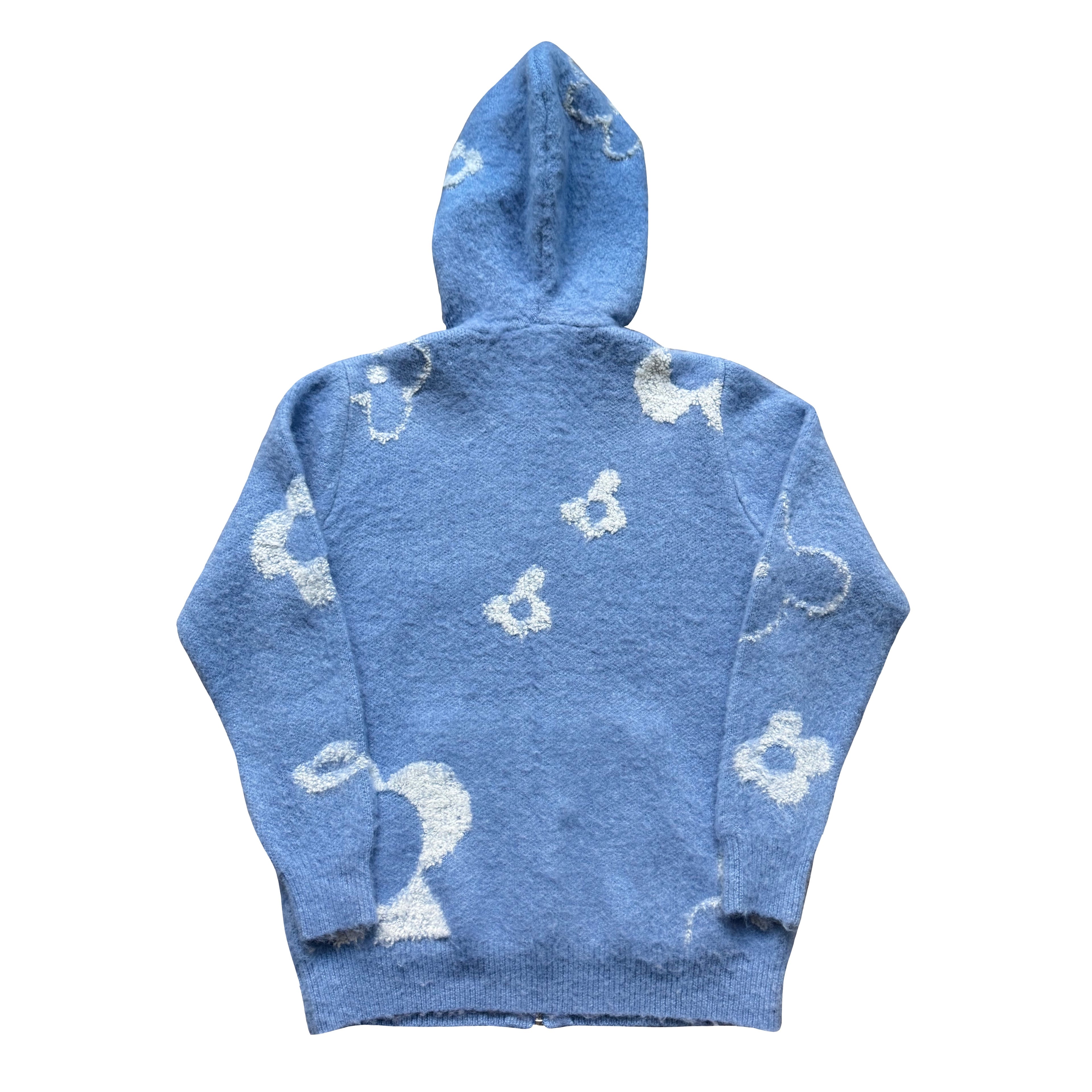 "Garden Room" blue mohair zip hoodie by WUUSKÎ — model wearing, elevated streetwear
