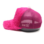 "Rewolf" pink fur trucker hat by WUUSKÎ — side view, faux fur brim