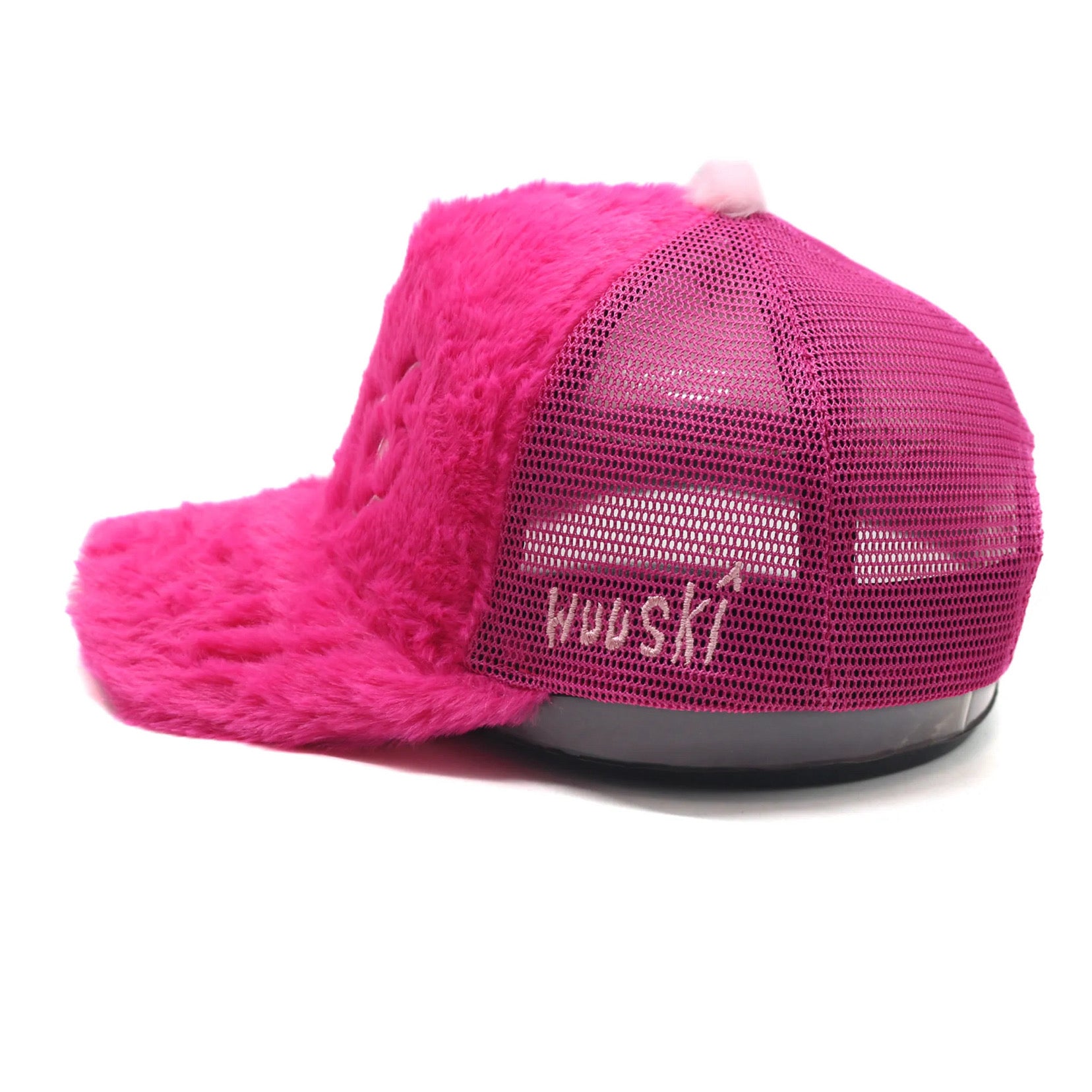 "Rewolf" pink fur trucker hat by WUUSKÎ — side view, faux fur brim