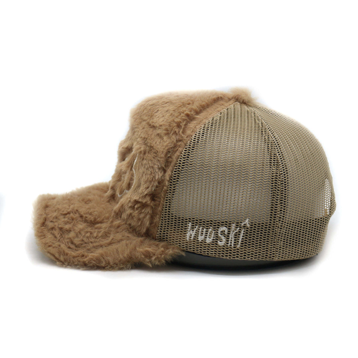 "Rewolf" brown fur trucker hat by WUUSKÎ — side view, faux fur brim