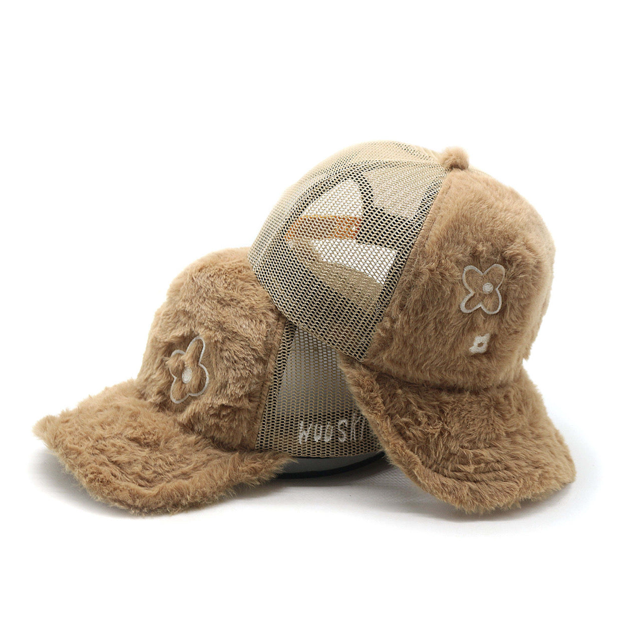 "Rewolf" brown fur trucker hat by WUUSKÎ — back view, adjustable strap
