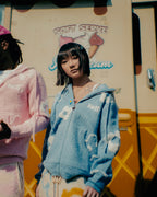 "Garden Room" blue mohair hoodie by WUUSKÎ — styled streetwear look