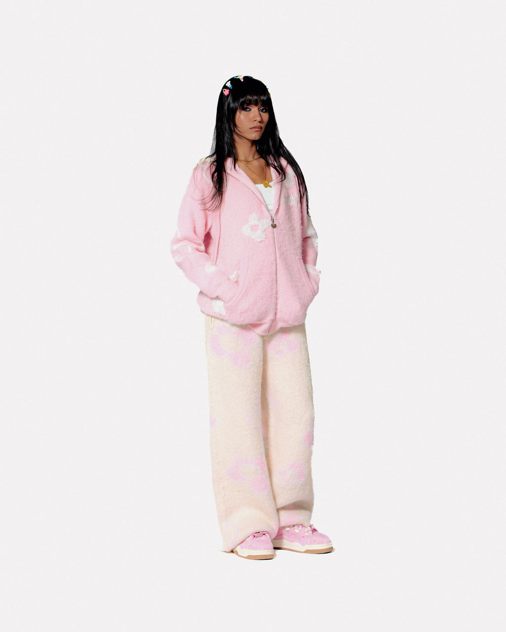 "Garden Room" pink mohair pant by WUUSKÎ — outdoor lifestyle shot